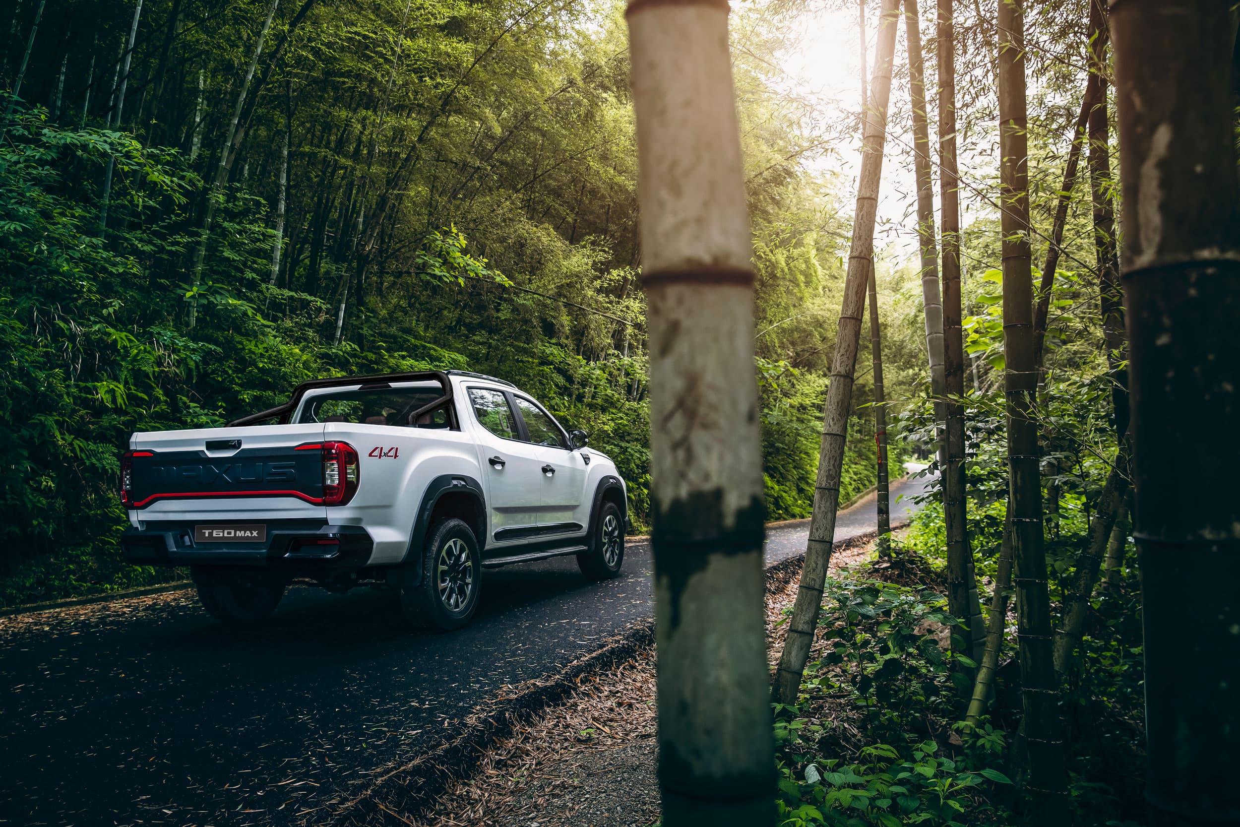 Maxus T60 Max driving in a forest back - warm white